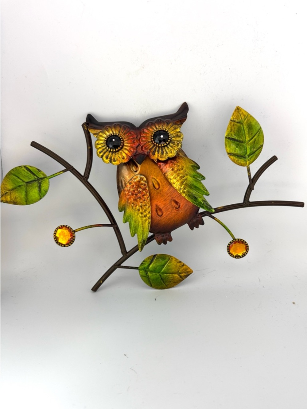 Owl Wall Art - Orange & Green Metal Sculpture
